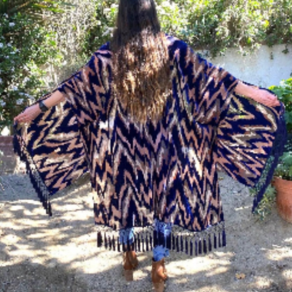 Dripping belvet Blue Velvet Kimono, Burn out, Fringed, Cover, Jacket, Blue
